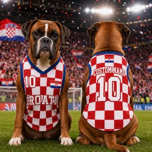 May include: Two Boxer dogs wearing matching red and white checkered mesh jerseys with blue trim. The jerseys feature the number 10, the text CROATIA, and the Croatian flag. The back of one jersey displays the text CUSTOM NAME above the number 10.