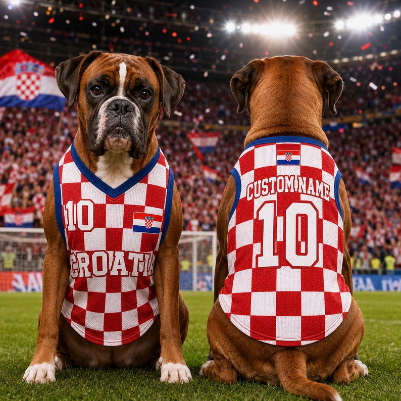 May include: Two Boxer dogs wearing matching red and white checkered mesh jerseys with blue trim. The jerseys feature the number 10, the text CROATIA, and the Croatian flag. The back of one jersey displays the text CUSTOM NAME above the number 10.