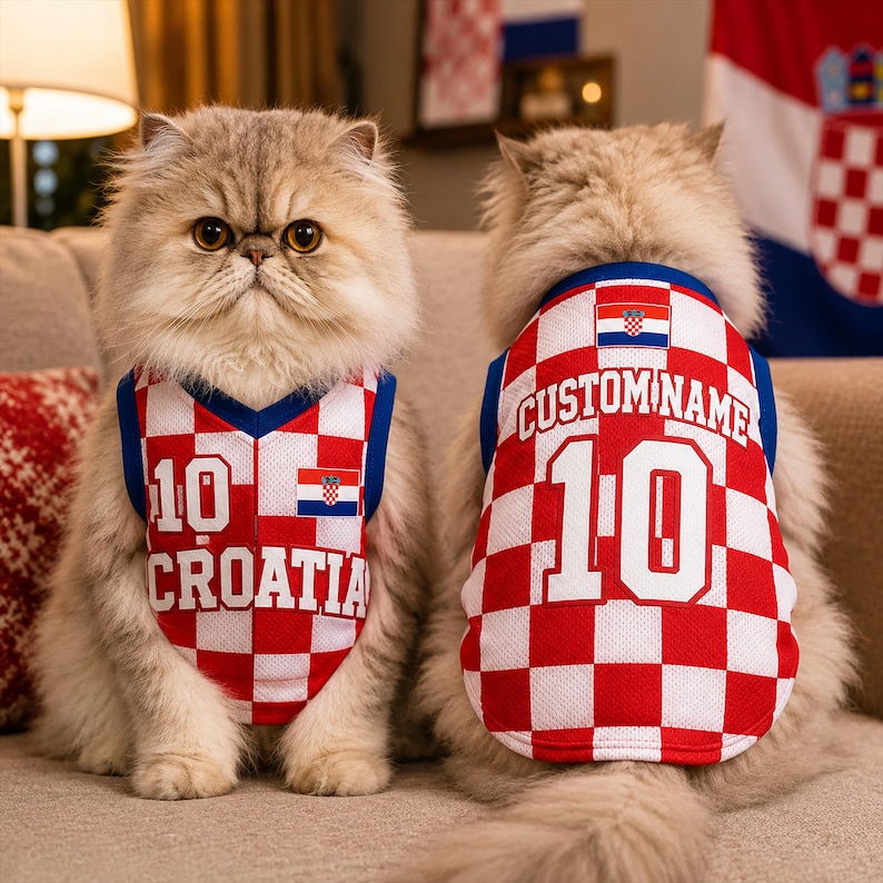 May include: Two long-haired cats wearing matching red and white checkered mesh jerseys. The front jersey features the number 10, the word CROATIA, and a small Croatian flag. The back jersey displays the number 10 and the text CUSTOM NAME.