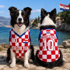 May include: Two black and white dogs wearing red and white checkered jerseys with blue trim. The front jersey features the number 10 and the word CROATIA. The back jersey displays the text CUSTOM NAME and the number 10 with a small Croatian flag.