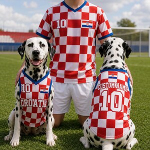 May include: A red and white checkered sports jersey with blue trim, featuring the number 10 and a Croatian flag patch. Two matching dog jerseys are shown, one with the text CROATIA and the other with CUSTOM NAME above the number 10.