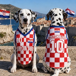 May include: Two Dalmatian dogs wearing sleeveless mesh jerseys with a red and white checkered pattern. The front jersey displays the number 10, the text CROATIA, and a small Croatian flag. The back jersey features the text CUSTOM NAME and number 10.
