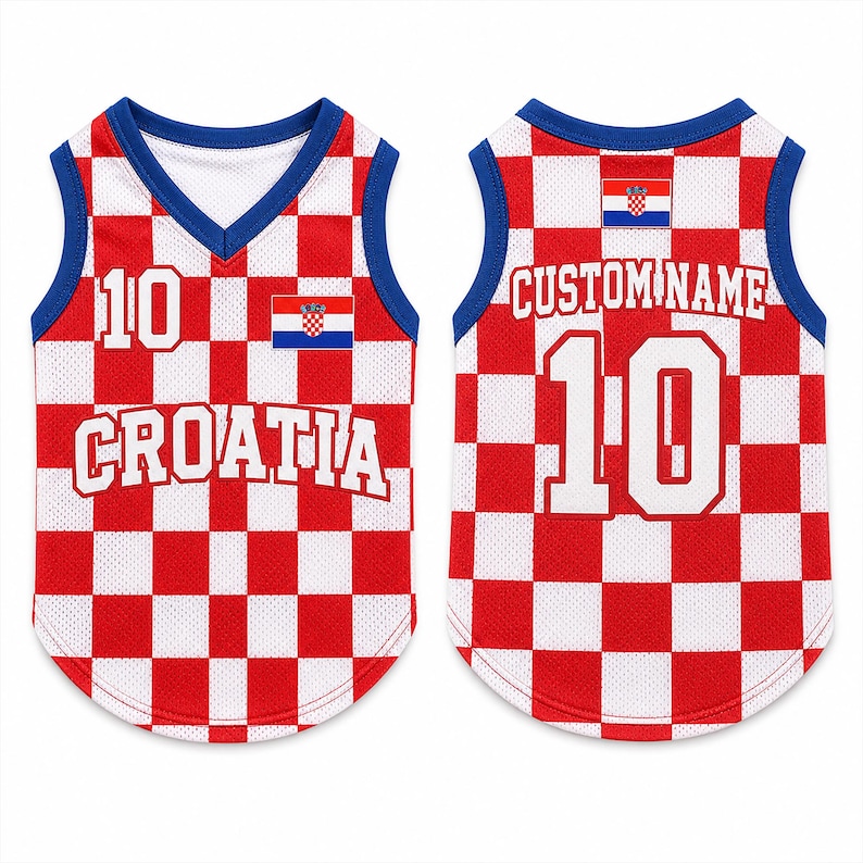 May include: A sleeveless mesh jersey featuring a red and white checkered pattern with blue trim. The front displays the text CROATIA, the number 10, and a Croatian flag. The back shows the text CUSTOM NAME and the number 10 with a small flag.
