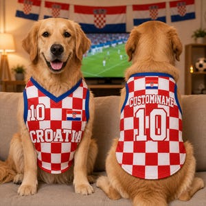 May include: A dog jersey featuring a red and white checkered pattern, blue trim, and the text Croatia with the number 10 on the front. The back displays the text Custom Name above the number 10 and a small Croatian flag emblem on both sides.