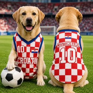 May include: Two yellow Labrador Retrievers wearing red and white checkered Croatia soccer jerseys with blue trim. The front jersey features the number 10, the text CROATIA, and a flag. The back jersey displays CUSTOM NAME and the number 10.