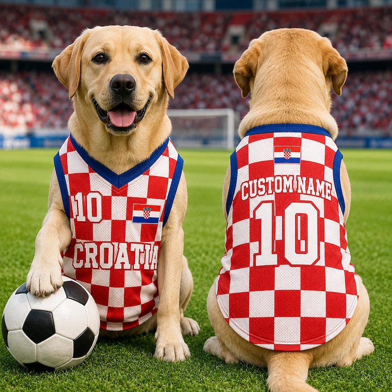 May include: Two yellow Labrador Retrievers wearing red and white checkered Croatia soccer jerseys with blue trim. The front jersey features the number 10, the text CROATIA, and a flag. The back jersey displays CUSTOM NAME and the number 10.