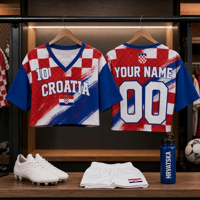 May include: Two Croatia football shirts featuring red and white chequered patterns, blue details, and the text Croatia, 10, Your Name, and 00. Includes white football boots, white shorts with a small Croatian flag, and a blue water bottle labelled Hrvatska.