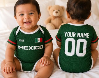 Personalized Mexico Baby Bodysuit, Custom Name Number Infant Soccer Outfit, Mexico Baby Jersey