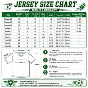 May include: A green and white jersey size chart for toddlers and youth, featuring a table with measurements in inches, centimetres, and pounds. It includes a diagram of a t-shirt with labels for shoulder, sleeve, bust, and length, plus instructions.