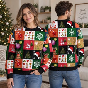 May include: A long-sleeved crewneck sweatshirt featuring a patchwork design of various Christmas icons including Santa Claus, reindeer, snowflakes, candy canes, ornaments, and Christmas trees in red, green, black, and white colours.