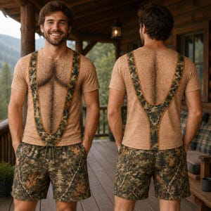 Peut inclure: Un t-shirt beige avec un motif réaliste de poils de torse et un imprimé camouflage en forme de V avec des motifs forestiers, assorti à un short camouflage. Le dos du t-shirt présente un motif camouflage en V similaire avec une icône de bois de cerf.