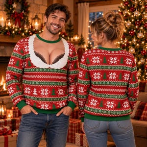 May include: A red long-sleeve sweater featuring a green and white fair isle pattern with Christmas trees and snowflakes. The front displays a printed graphic of a white scalloped neckline revealing a black lace bra underneath the sweater fabric.