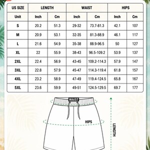 May include: A size chart for all-over print Hawaiian shorts featuring a table with US sizes from S to 5XL. The chart lists length, waist, and hip measurements in inches and centimeters, accompanied by a line drawing of shorts with labels.