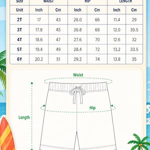 May include: A size chart for kid Hawaiian shorts titled ALL-OVER PRINT KID HAWAIIAN SHORT. The chart lists sizes 2T through 6Y with waist, hip, and length measurements in inches and cm. A line drawing of shorts shows waist, hip, and length indicators.