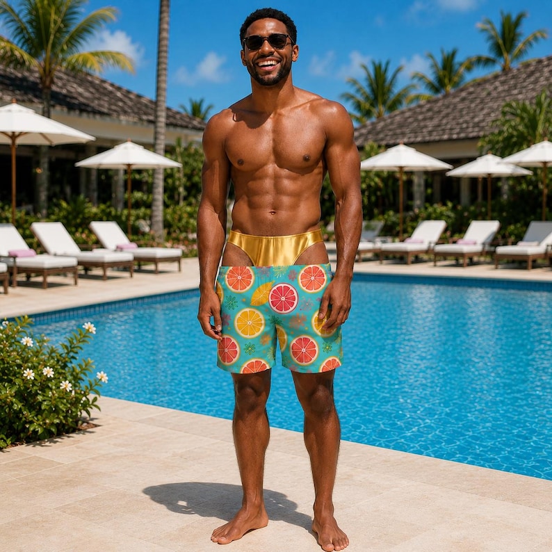 May include: Swim trunks featuring a vibrant pattern of sliced grapefruits and oranges on a teal background. The trunks have a gold-colored waistband and a straight-leg cut that reaches mid-thigh. The fabric displays a repeating citrus fruit print.