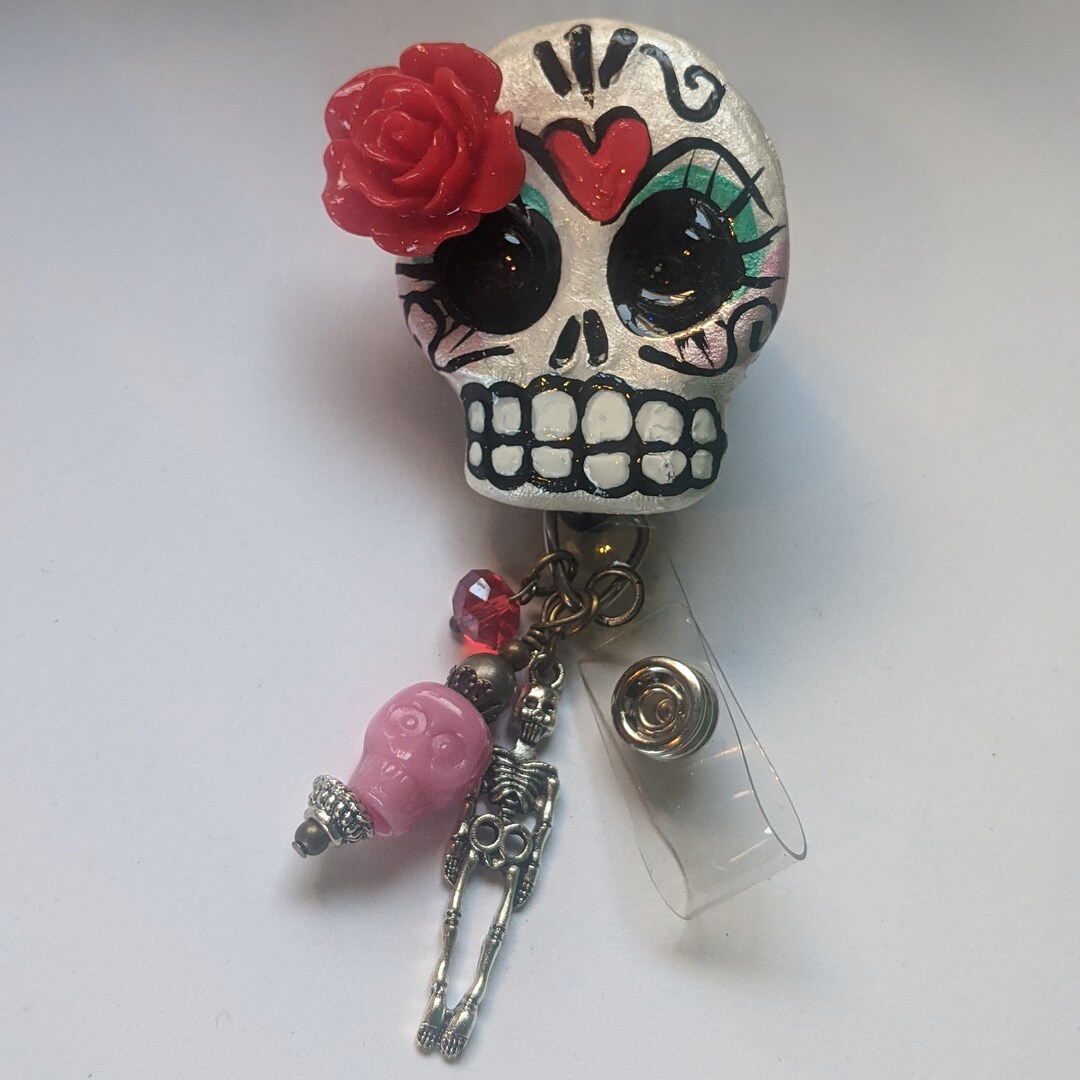 Sugar Skull Badge Reel Swivel Alligator Badge Reel Clip Etsy