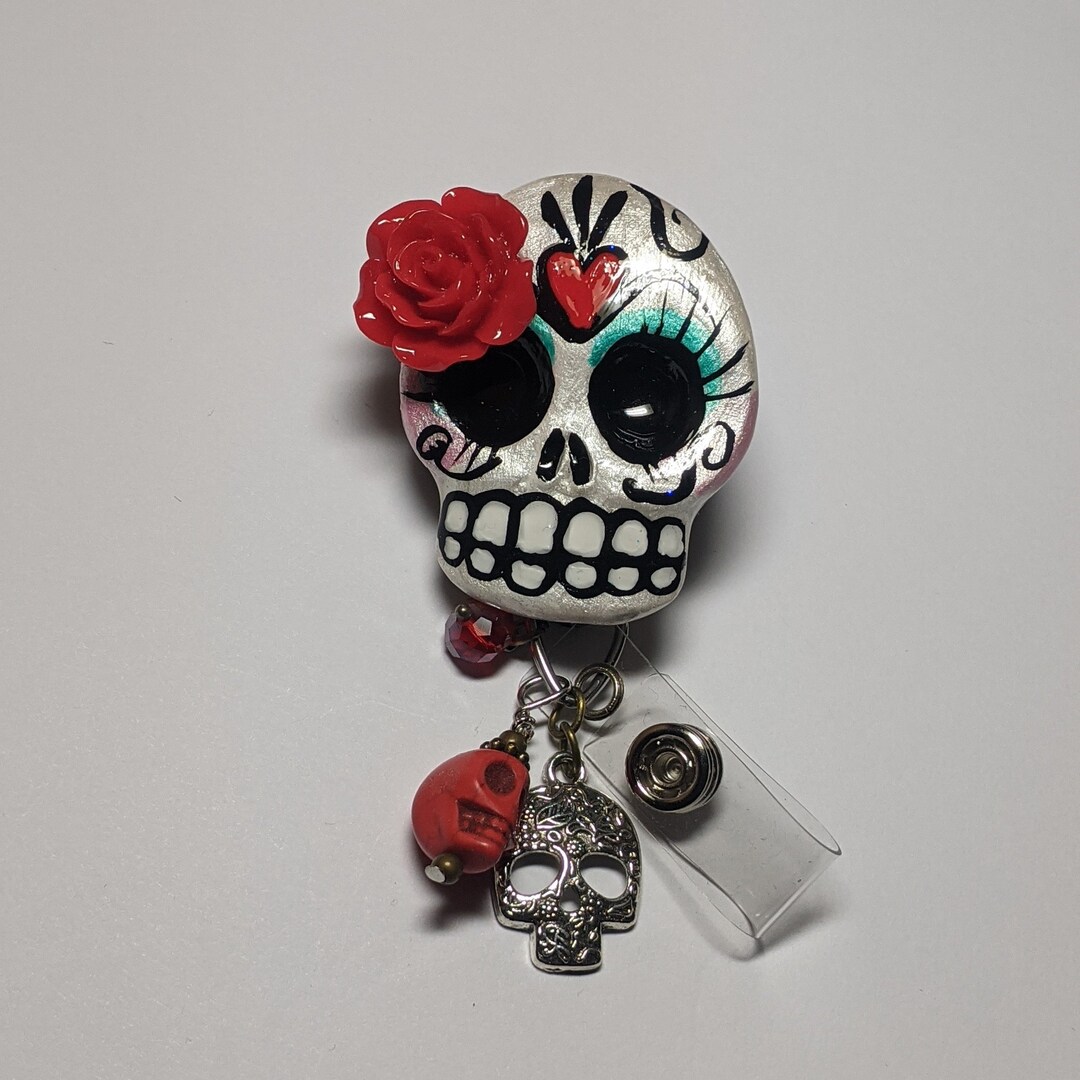 Sugar Skull Badge Reel Swivel Alligator Badge Reel Clip Retractable Etsy