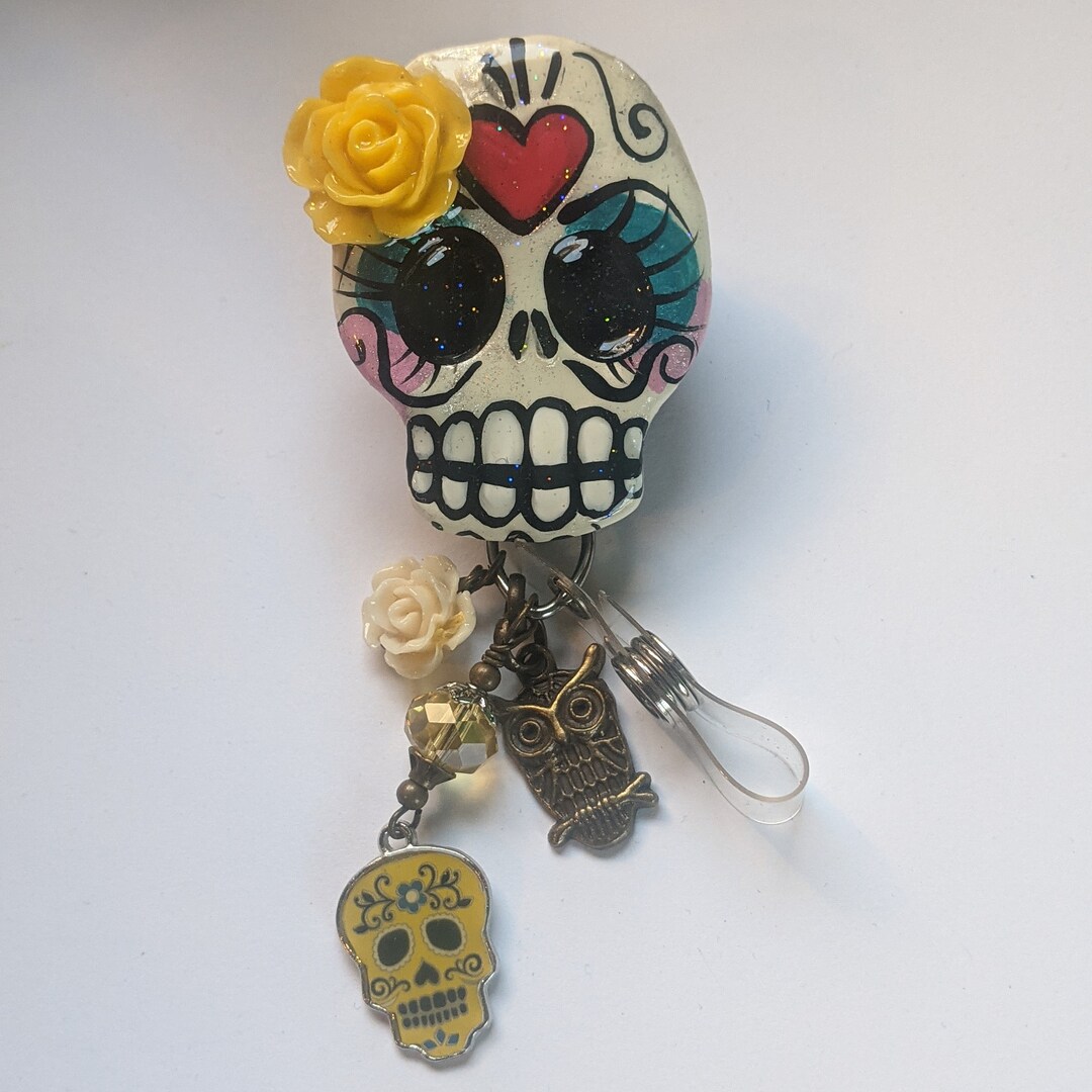Sugar Skull Badge Reel Swivel Alligator Badge Reel Clip Etsy
