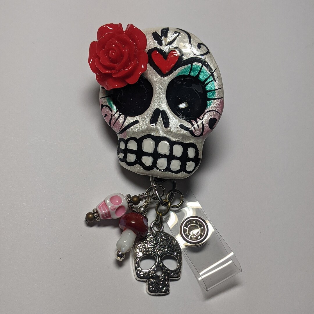 Sugar Skull Badge Reel Swivel Alligator Badge Reel Clip Retractable Etsy