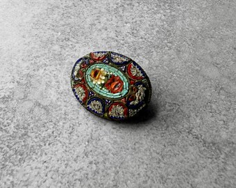 Broche Vintage Micro Mosaïque Millefiori Arbre Et Fleurs - Laiton Et Paillettes De Verre - Occasion