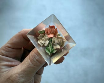 Vintage Lucite Flower Brooch | Reverse Carved Three Blooms | Clear Ice Garden | 1940s-50s UK