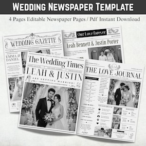 Paquete de plantillas para periódicos de boda, programa de los recién casados, itinerario de la ceremonia, revista Love Story, folleto fotográfico de la boda.