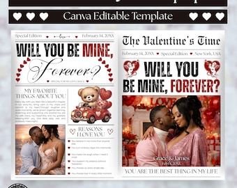 Plantilla de periódico de San Valentín "¿Serás mía?" / Plantilla para envolver un ramo de flores / Periódico de amor personalizado de The Valentines Time / Regalo digital