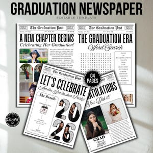 May include: A graduation newspaper template with a vintage newspaper design. The headline reads "A New Chapter Begins" and "The Graduation Era." Includes photos, word search, and details for a graduation party. The template is editable.
