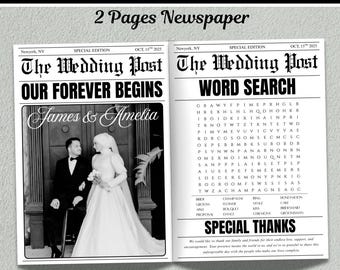 May include: A two-page wedding newspaper. The first page says "Our Forever Begins" with the names "James & Amelia" and a photo of the couple. The second page features a word search and "Special Thanks." The headline reads "Wedding Newspaper."