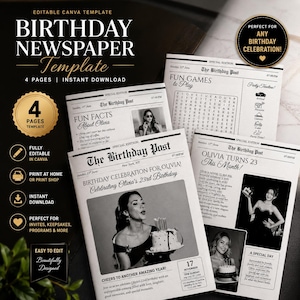 Birthday Newspaper Template, Editable Canva Birthday Newspaper, Printable Party Newspaper Invite, 4 Page Digital Download