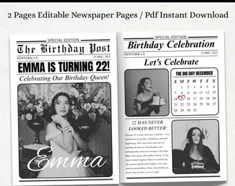 May include: A two-page birthday newspaper template featuring black and white text and photos. The layout includes headlines like The Birthday Post, Emma Is Turning 22, and Birthday Celebration, alongside a calendar for December with a circled date.