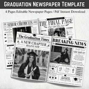 Op de afbeelding: Een afstudeerkrant-sjabloon met vier bewerkbare pagina's in zwart-wit lay-outs. De ontwerpen bevatten koppen zoals The Graduation Times, The Final Page en Breaking News, met tijdelijke aanduidingen voor foto's van afgestudeerden in toga en hoed.