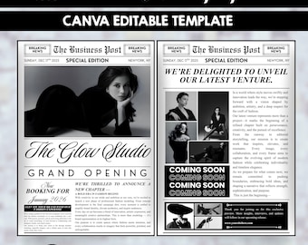 ビジネス新聞テンプレートCanva、編集可能な新聞チラシポスター、グランドオープンのお知らせ、白黒ニュースレター、すぐにダウンロード