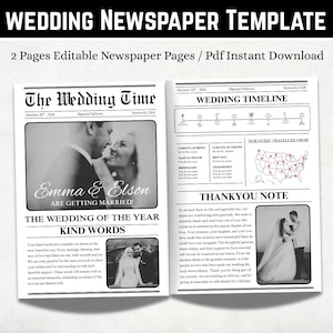 May include: A two-page wedding newspaper template featuring the title The Wedding Time, black and white photographs of a couple, a wedding timeline, a map of the United States with location markers, and sections for thank you notes and guest lists.