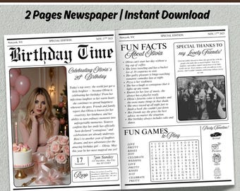 Birthday Newspaper Template, Editable Birthday Magazine Poster, Custom Party Newspaper Canva Download