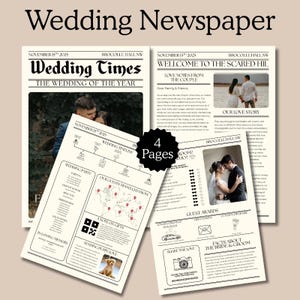May include: A four-page wedding newspaper with the headline "Wedding Times" and the date November 15th, 2025. The newspaper includes photos, timelines, guest information, and the text "Share the Love." The overall color scheme is black and white.