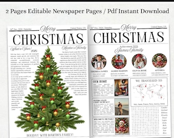 May include: A two-page Christmas newspaper template featuring the title Merry Christmas, a large illustrated green pine tree with red and gold ornaments, family photos, text columns, a world map with location pins, and a holiday word search puzzle.