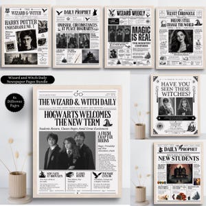 May include: A collection of eight black and white printed newspaper pages featuring headlines such as The Wizard & Witch Daily, The Daily Prophet, The Wizard Weekly, and The Velvet Chronicle, with various illustrations, photographs, and text.