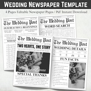 May include: A four-page wedding newspaper template titled The Wedding Post, featuring black and white text, layouts for word searches, wedding details, fun facts, and placeholders for photographs with the names Oliver & Emaa printed on the front.