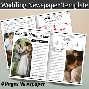 Editable Wedding Newspaper Template, 4 Page Canva Wedding Program, Our Story Timeline, Guest Map, Printable Reception Keepsake