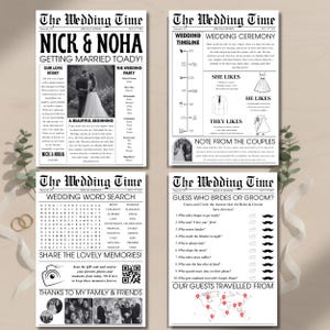 May include: Four newspaper-style wedding announcements with black text on a white background. Headlines include "NICK & NOHA," "WEDDING CEREMONY," "WEDDING WORD SEARCH," and "GUESS WHO BRIDES OR GROOM?" Photos, timelines, and a world map are included.