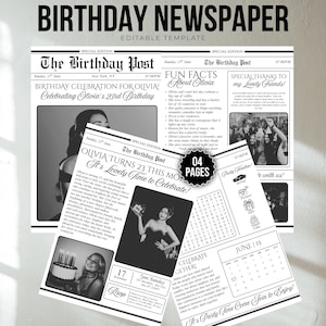 以下が含まれることがあります： 「BIRTHDAY NEWSPAPER」の見出しと「BIRTHDAY CELEBRATION FOR OLIVIA！」のテキストが入った、白黒の誕生日新聞テンプレート。新聞には、オリビアの人生に関する写真とテキストが含まれています。