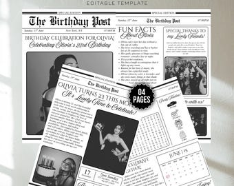 Bewerkbare verjaardagskrantsjabloon Canva: afdrukbare feestaankondiging, aangepaste digitale download
