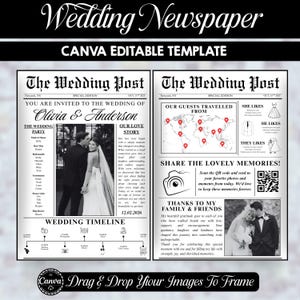 May include: A wedding newspaper template with the headline "Wedding Newspaper" and the text "CANVA EDITABLE TEMPLATE". The design includes two newspaper-style pages with wedding details, photos, and a timeline. The text includes "Olivia & Anderson".