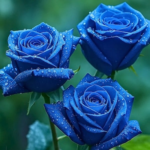 Puede incluir: Primer plano de tres rosas azules vibrantes, cada una con múltiples capas de pétalos y gotas de agua. Las rosas están en plena floración, mostrando sus intrincados detalles sobre un fondo verde borroso. La imagen resalta la belleza de la naturaleza.