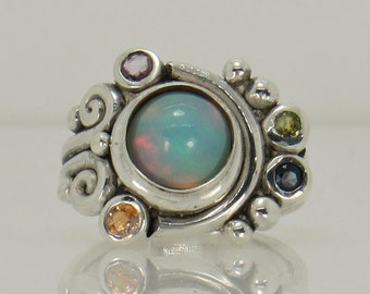 Sterling Silver Artisan Ring with 9 mm Ethiopian Opal and 4 colored Sapphires, Size 8 1/2, Handmade One of a Kind Made in the USA.