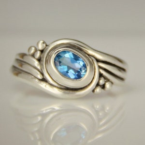 Sterling Silver 5x7 mm English Blue Topaz Ring, Handmade One of a Kind Artisan Ring Made in the USA with Free Shipping Size 8 3/4