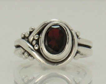 Sterling Silver 7 x 9 mm Faceted Garnet Ring, Size 8, Handmade One of a Kind Artisan Ring Made in the USA with Free Domestic Shipping.