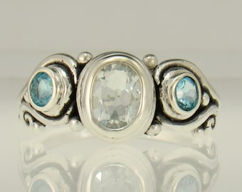 Sterling Silver Ring with White and Blue Topaz Size 9 3/4, Handmade One of a Kind Artisan Ring made in the USA with Free Domestic Shipping!