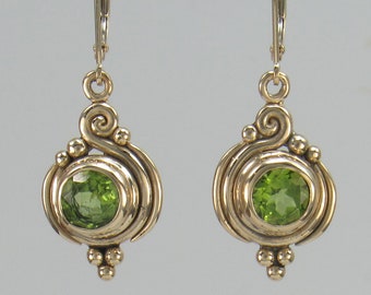14k Yellow Gold 7 mm Peridot Earrings with Lever back Earwires, Handmade One of a Kind Earrings Made in the USA with Free Domestic Shipping!
